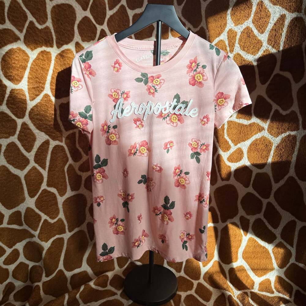 Aeropostale Classic Crew Pink Floral Graphic Tee L